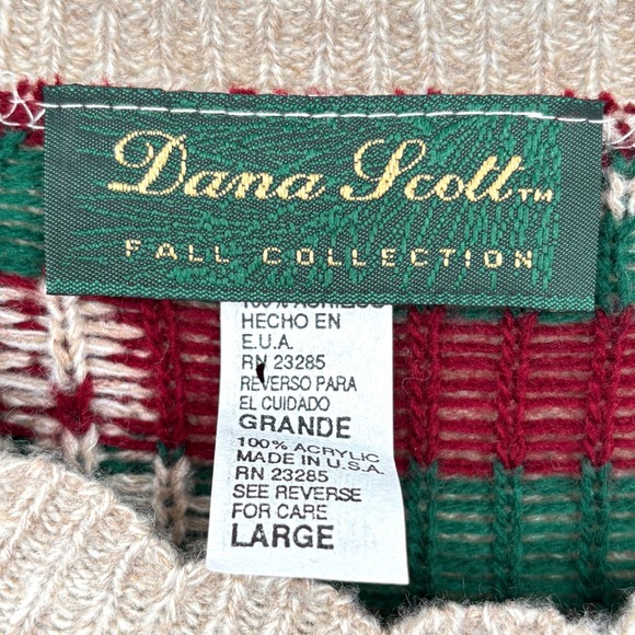 Vintage Dana Scott Pullover Sweater Knit Floral Bow Pattern Beige Red USA Size L - Picture 3 of 11